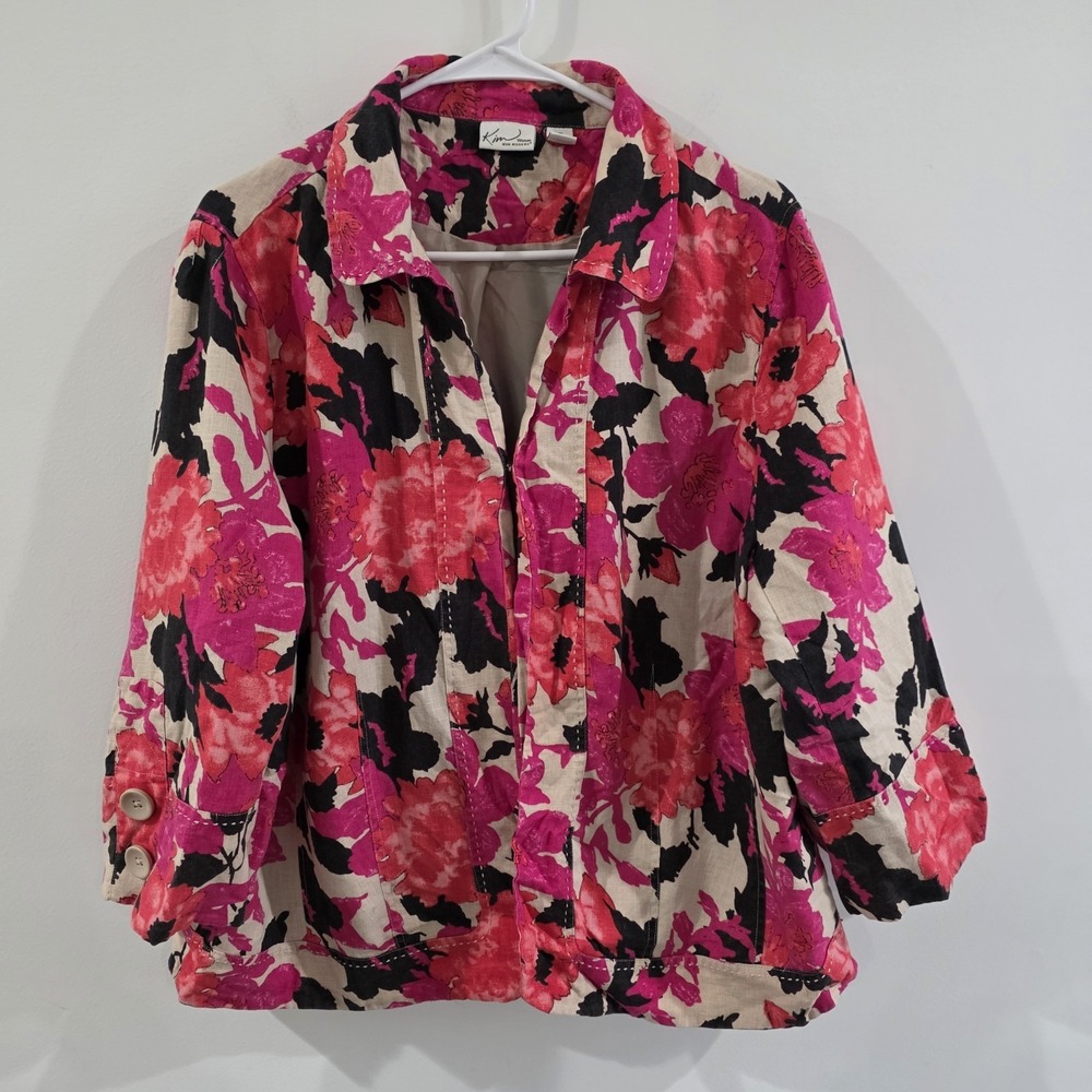 Kim Rogers Womens Linen Floral Jacket Size 1X Button Up Colorful